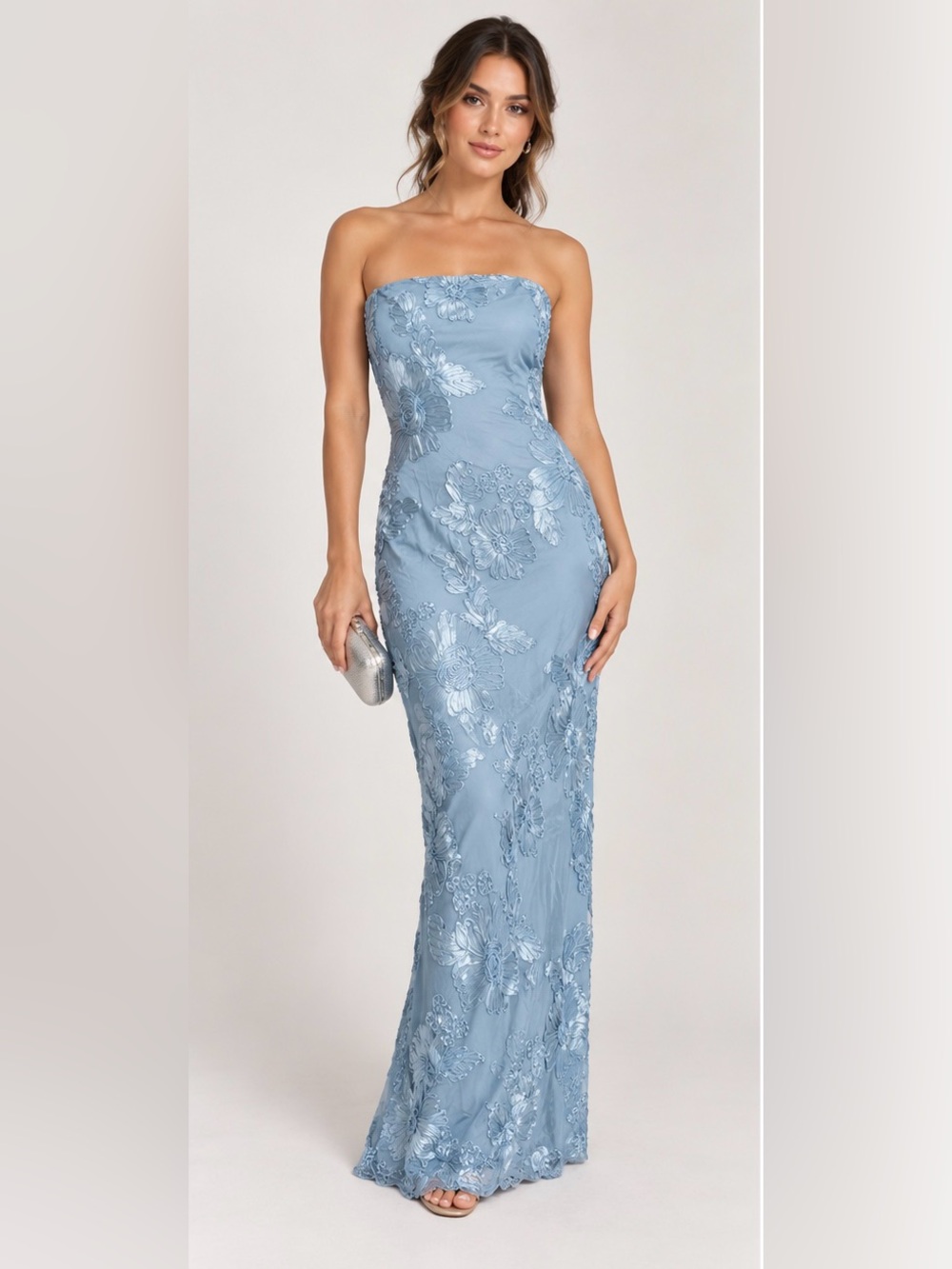 Light Blue Floral Embossed Women's Dress with train detail